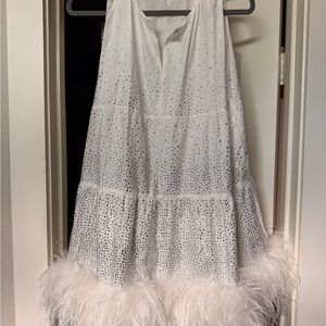 QUEEN OF SPARKLES White Dress with Feather Hem
